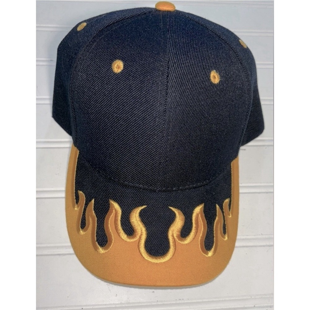 Flame Embroidered Hat Cap Navy Blue Yellow Gold OS Unisex Adjustable Strap New - Picture 1 of 4